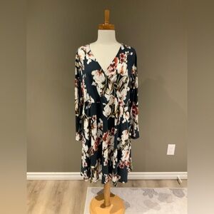 Navy Floral Wrap-Style Dress with V-Neck